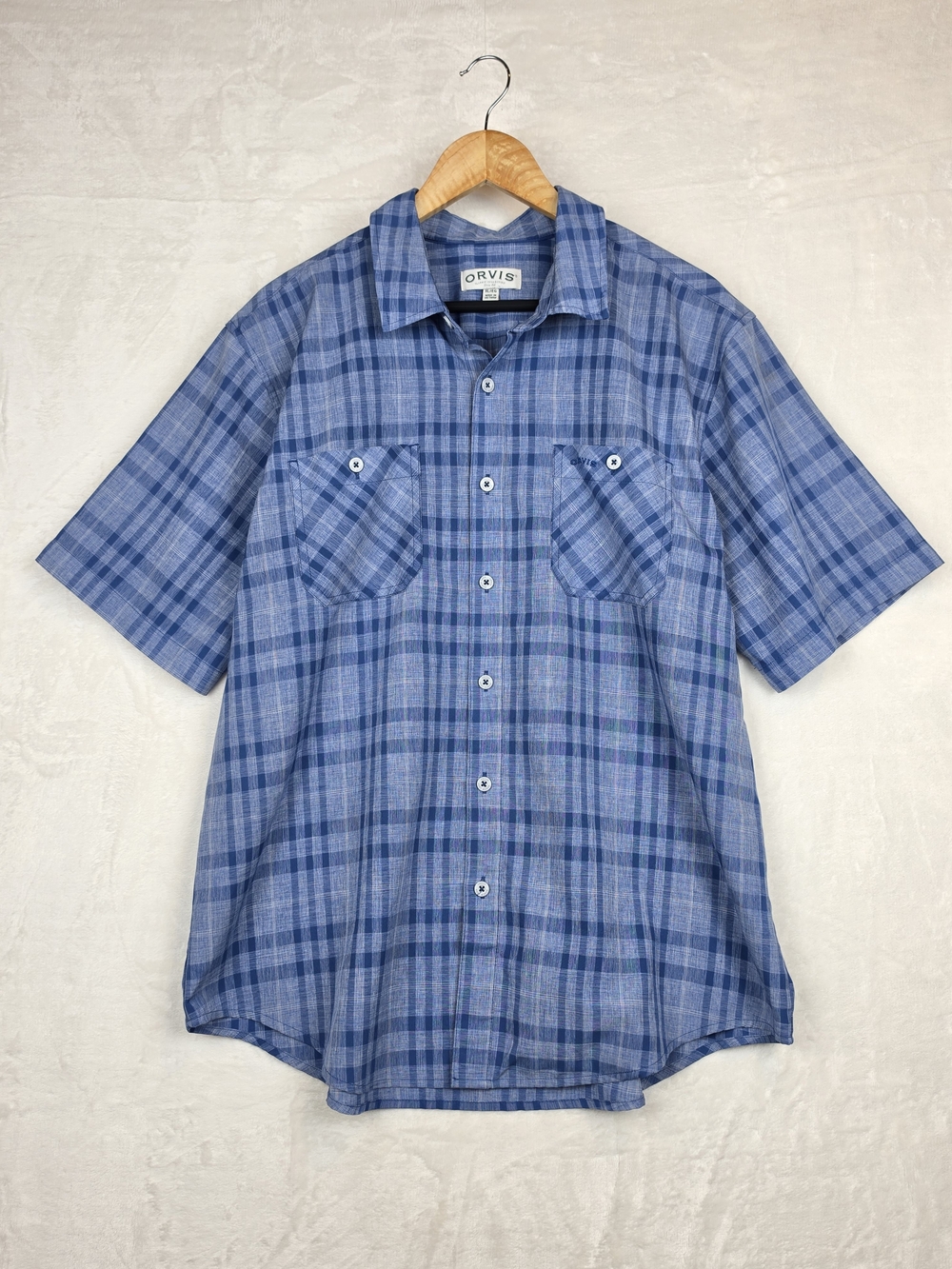 Orvis Classic Collection Short Sleeve Plaid Shirt Men XL Blue 100% Polyester